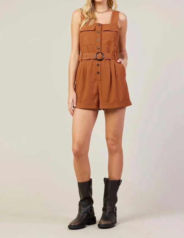 Fashion Essentials Pinstripe Romper In Rust