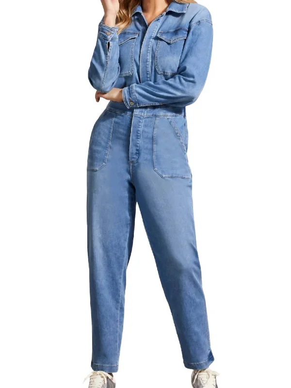 Low Price Special Relaxed Crop Jumpsuit W/ Pockets In Sky Blue