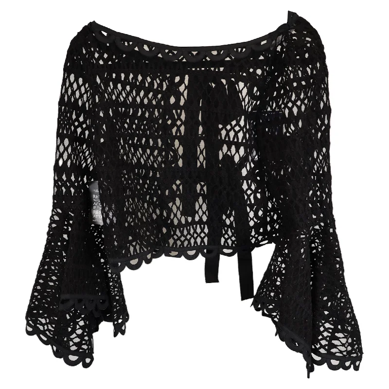 Trend Setting Wardrobe Oscar de la Renta Caraco Bow-Embellished Guipure Lace Top In Black Cotton