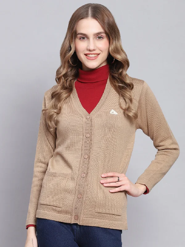 Effortless Comfort Women Camel Brown Solid V Neck Full Sleeve Cardigans