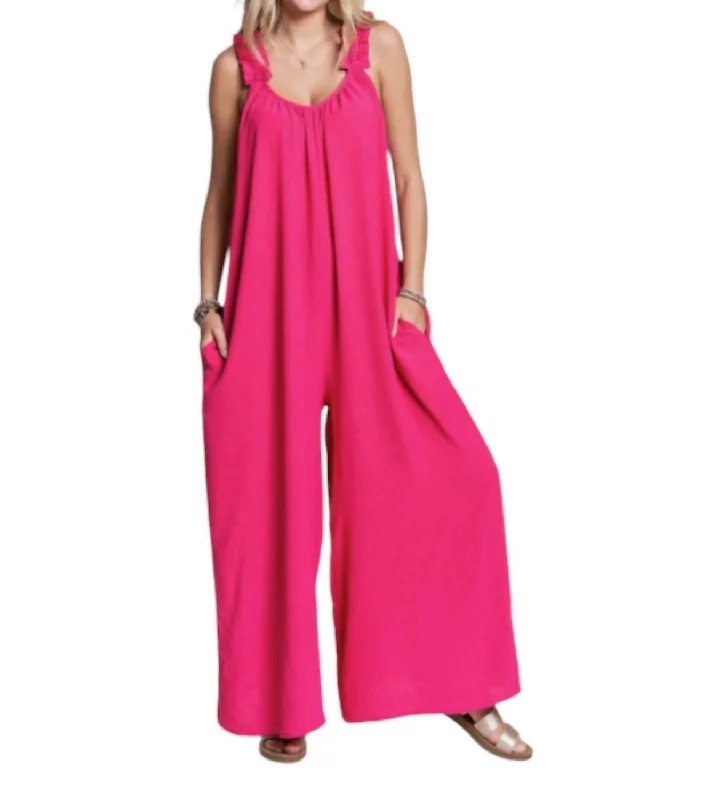 Everyday Fashion Elastic Ruffle Shoulder Jumpsuit In Fuschia