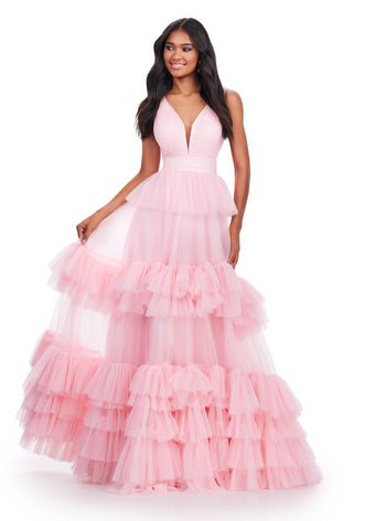 Low Price Special ASHLEYlauren 11620 V-Neck Tiered Tulle Ball Gown