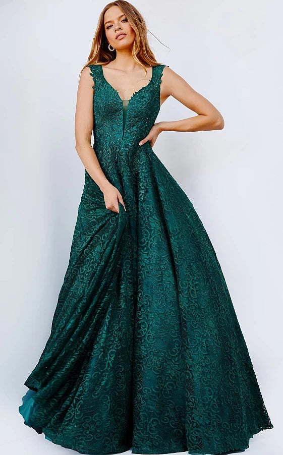 Style Without Limits JVN09555 Emerald Plunging Neck Lace Prom Ballgown